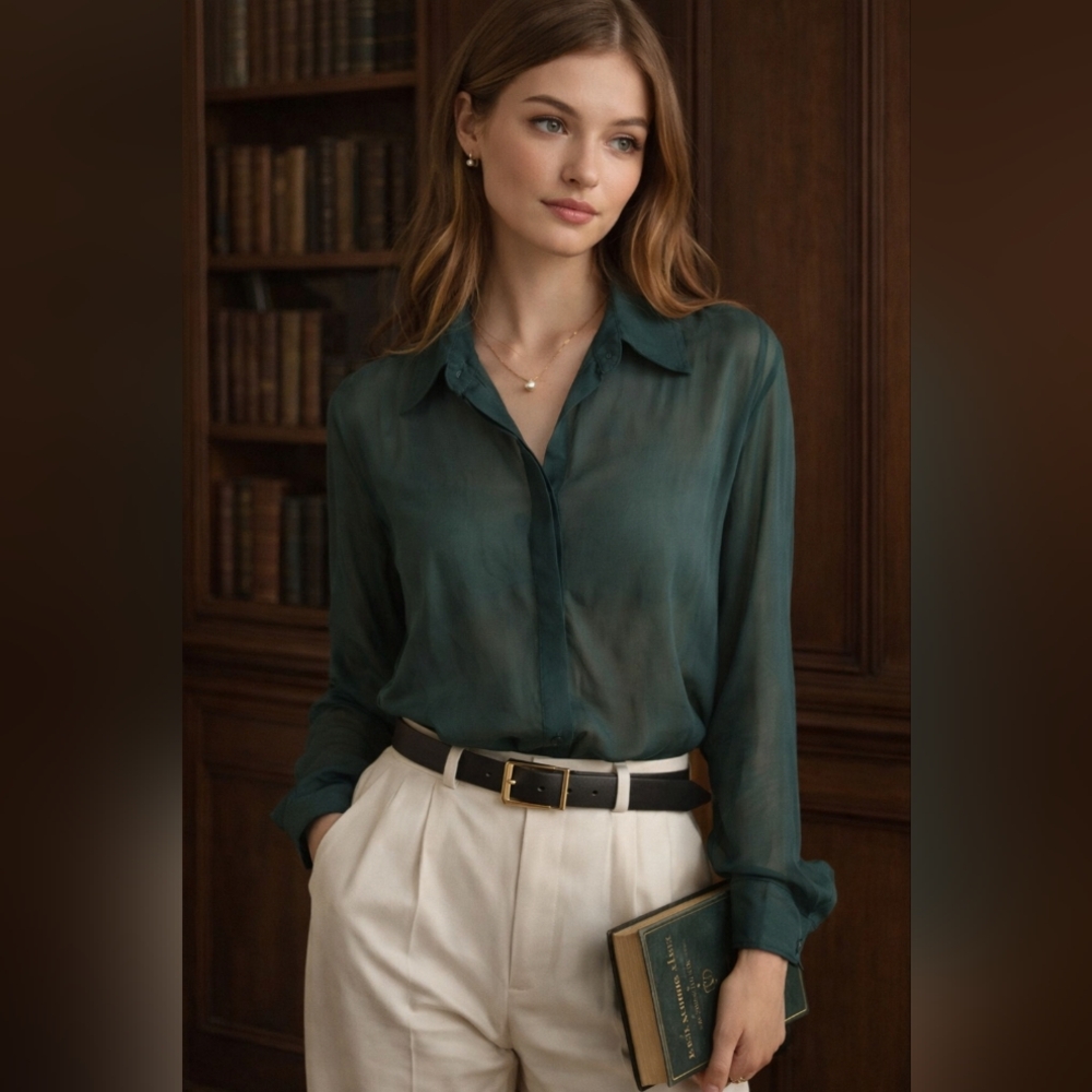 Abercrombie Sheer Teal Green Button Down Collared Shirt Going Out Top Luxury S image 2